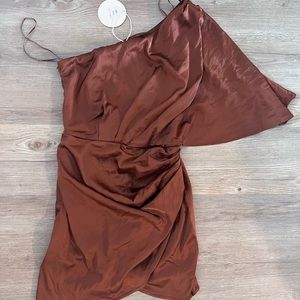 Rust Satin Dress One Shoulder Bat Wing Sleeve from Steps New York
